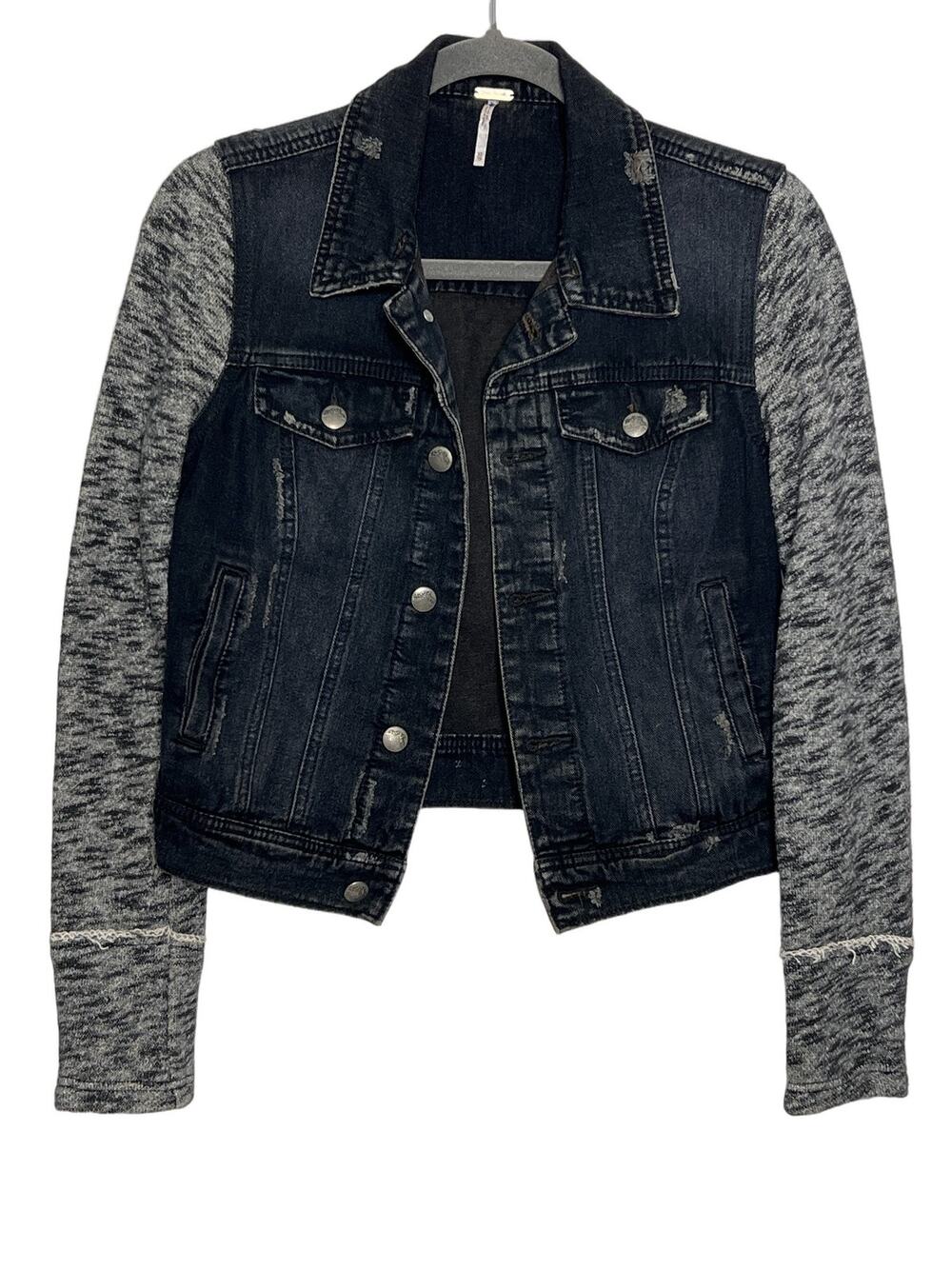 Free People XS Denim Jacket Knit Sleeve Distressed Button Front Cropped Utility